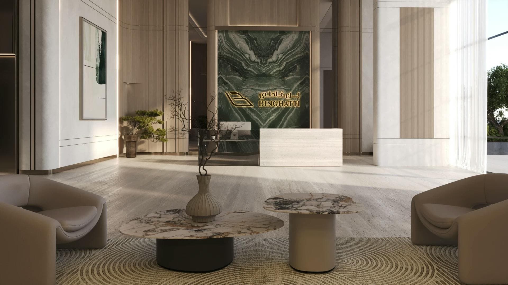 Binghatti Amberhall: Lobby reception desk and feature wall (developer rendering)