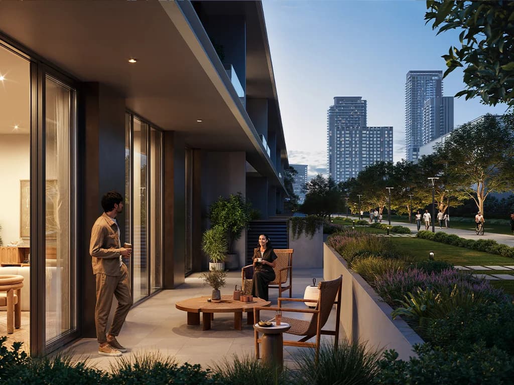 Altan: ground-level terrace beside a landscaped path (developer rendering)