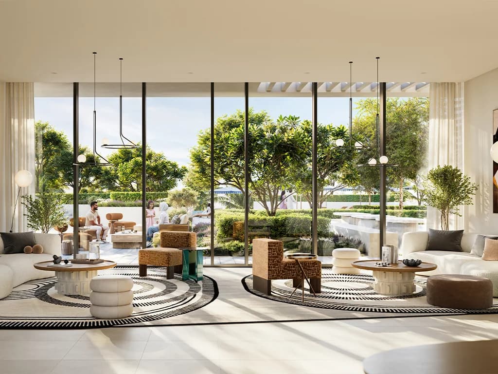 Altan: lounge facing a landscaped outdoor area (developer rendering)