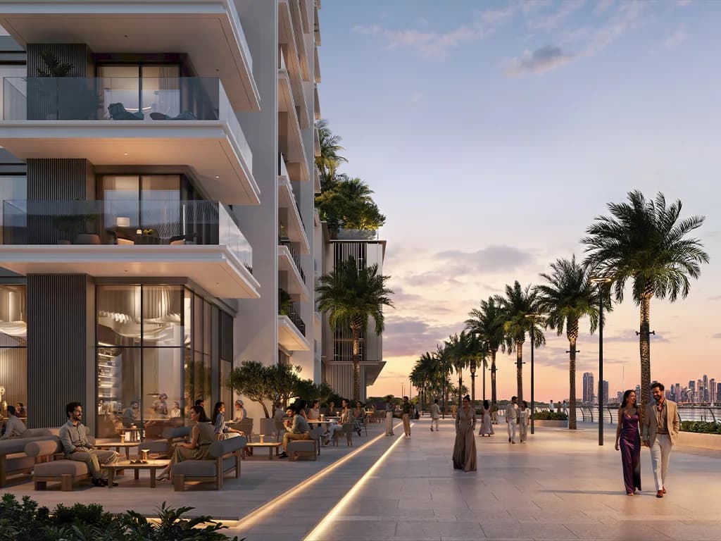 Creek Bay: palm-lined promenade and ground-level terraces (developer rendering)