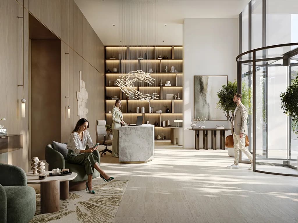 Creek Bay: lobby lounge with built-in shelving (developer rendering)
