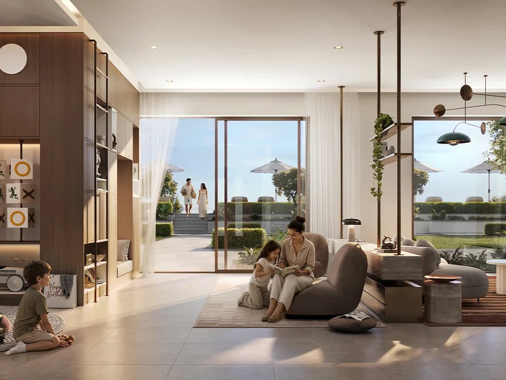Golf Trails: living room with an adjoining outdoor terrace (developer rendering)