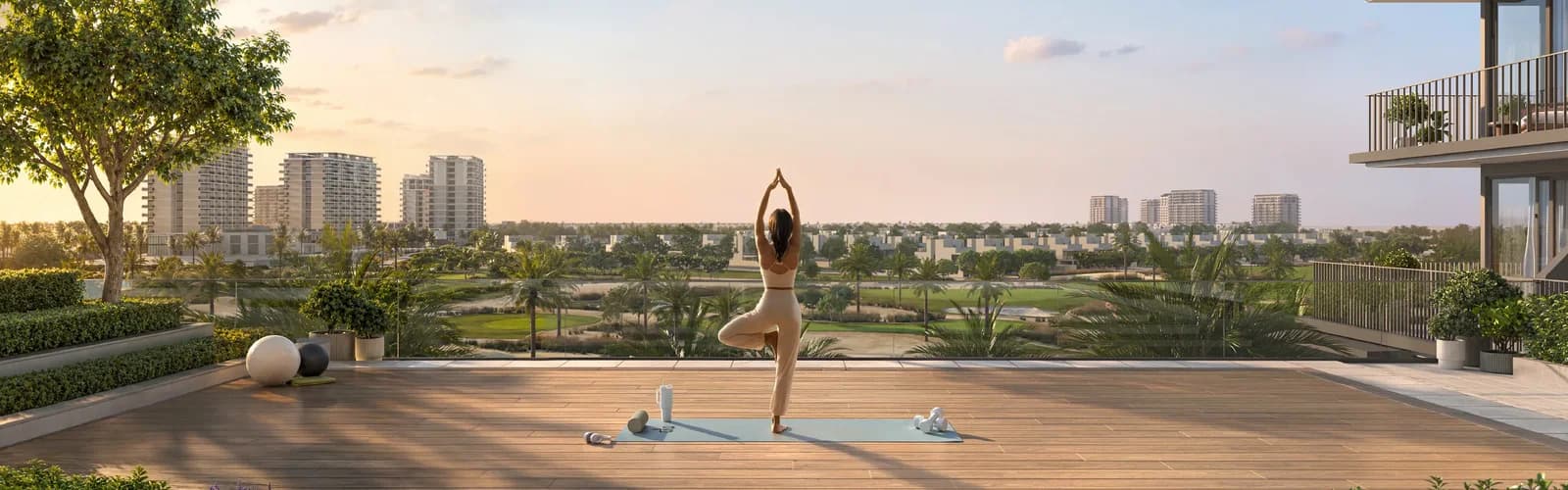 Golf Trails: outdoor yoga terrace overlooking landscaped grounds (developer rendering)