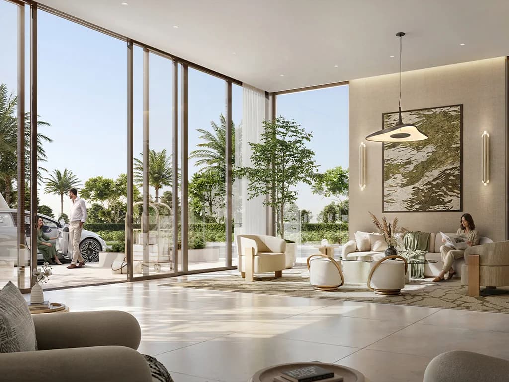 Golf Vale: bright lobby with curved lounge seating (developer rendering)