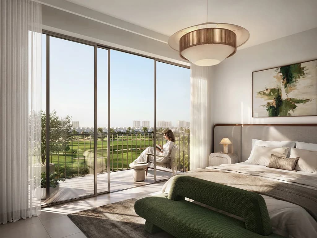 Golf Vale: bedroom opening onto a balcony (developer rendering)