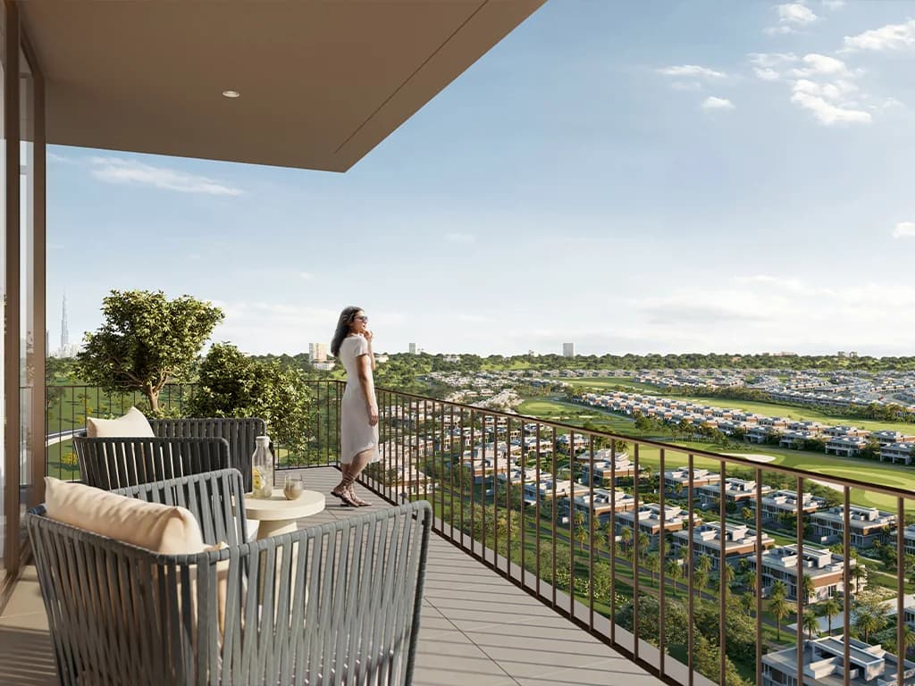 Greencrest: balcony overlooking the golf landscape (developer rendering)