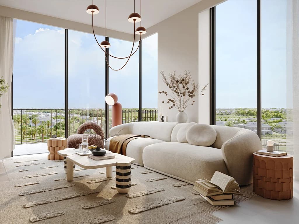 Greencrest: living room with a balcony-facing window (developer rendering)