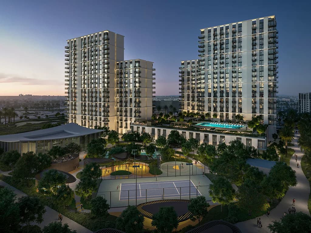 Hillsedge: residential towers and amenity podium at dusk (developer rendering)