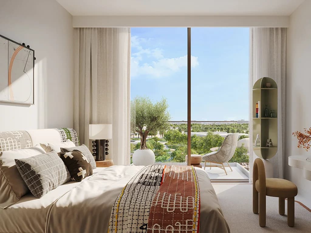Hillsedge: bedroom with full-height balcony doors (developer rendering)
