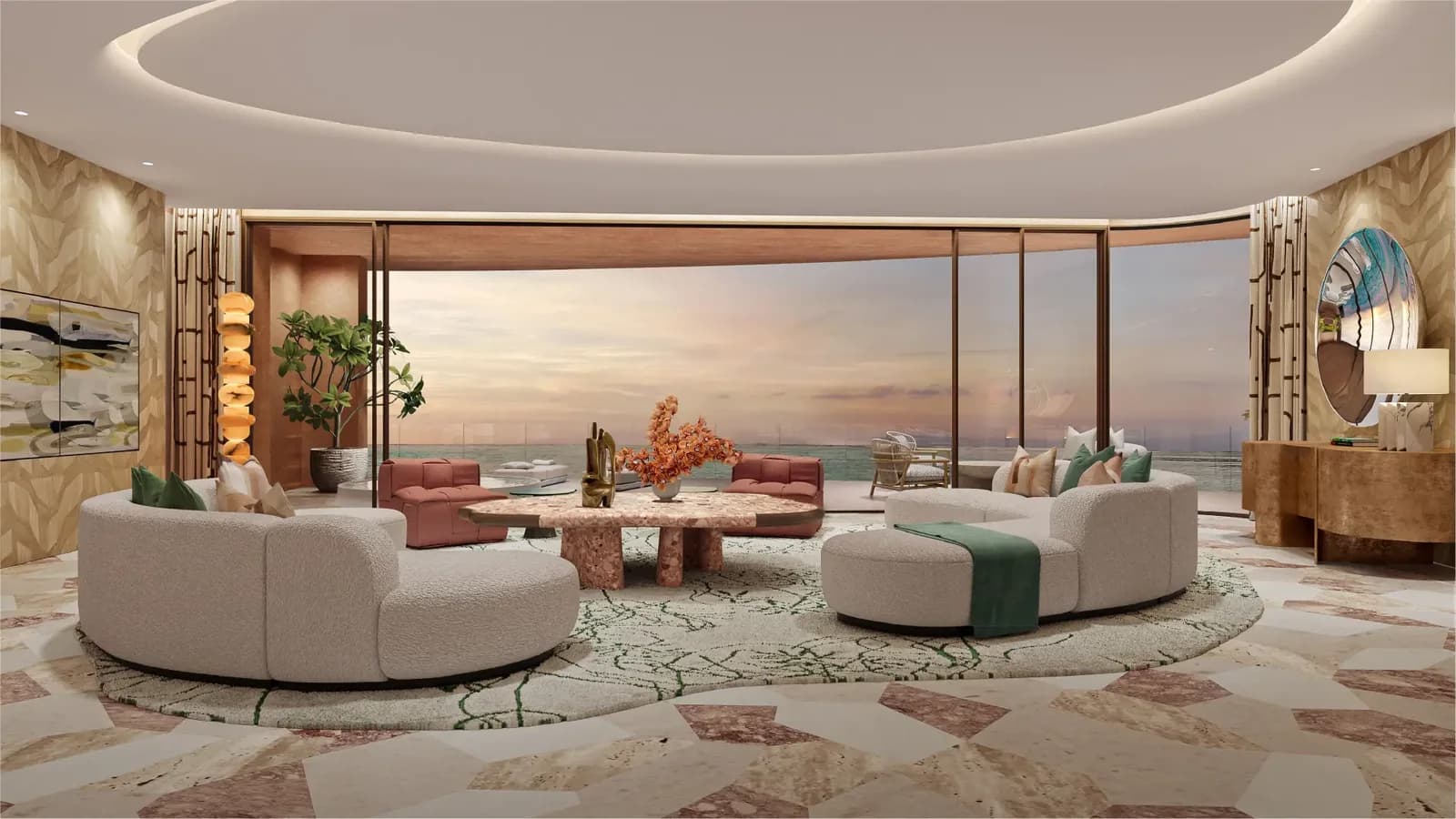 Jumeirah Asora Bay developer rendering: four-bedroom apartment living room opening toward the sea