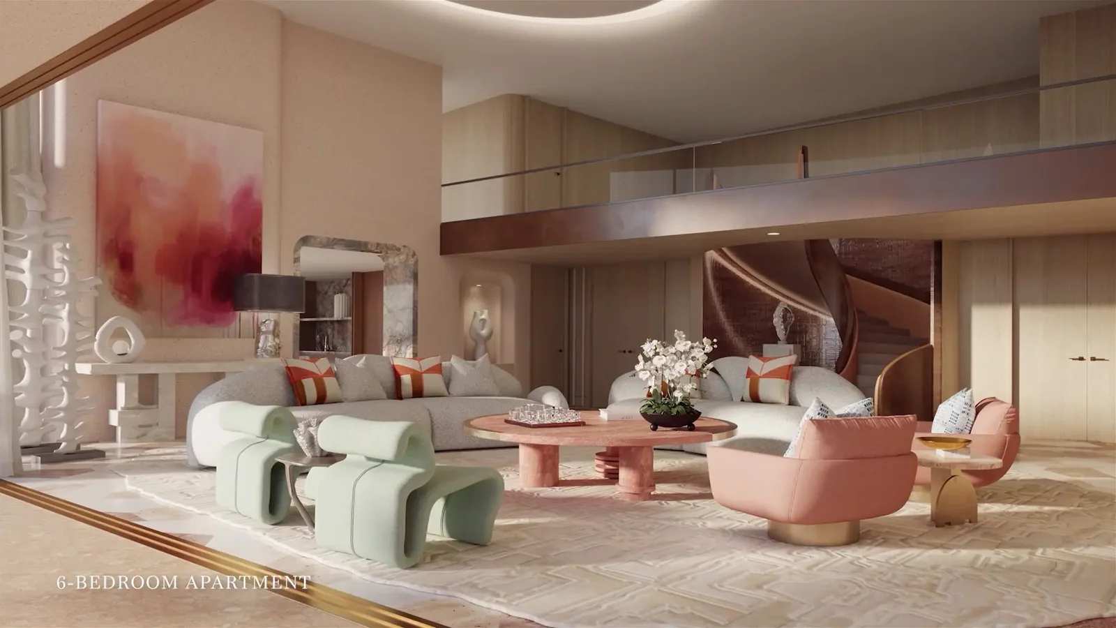 Jumeirah Asora Bay developer rendering: six-bedroom apartment double-height living room