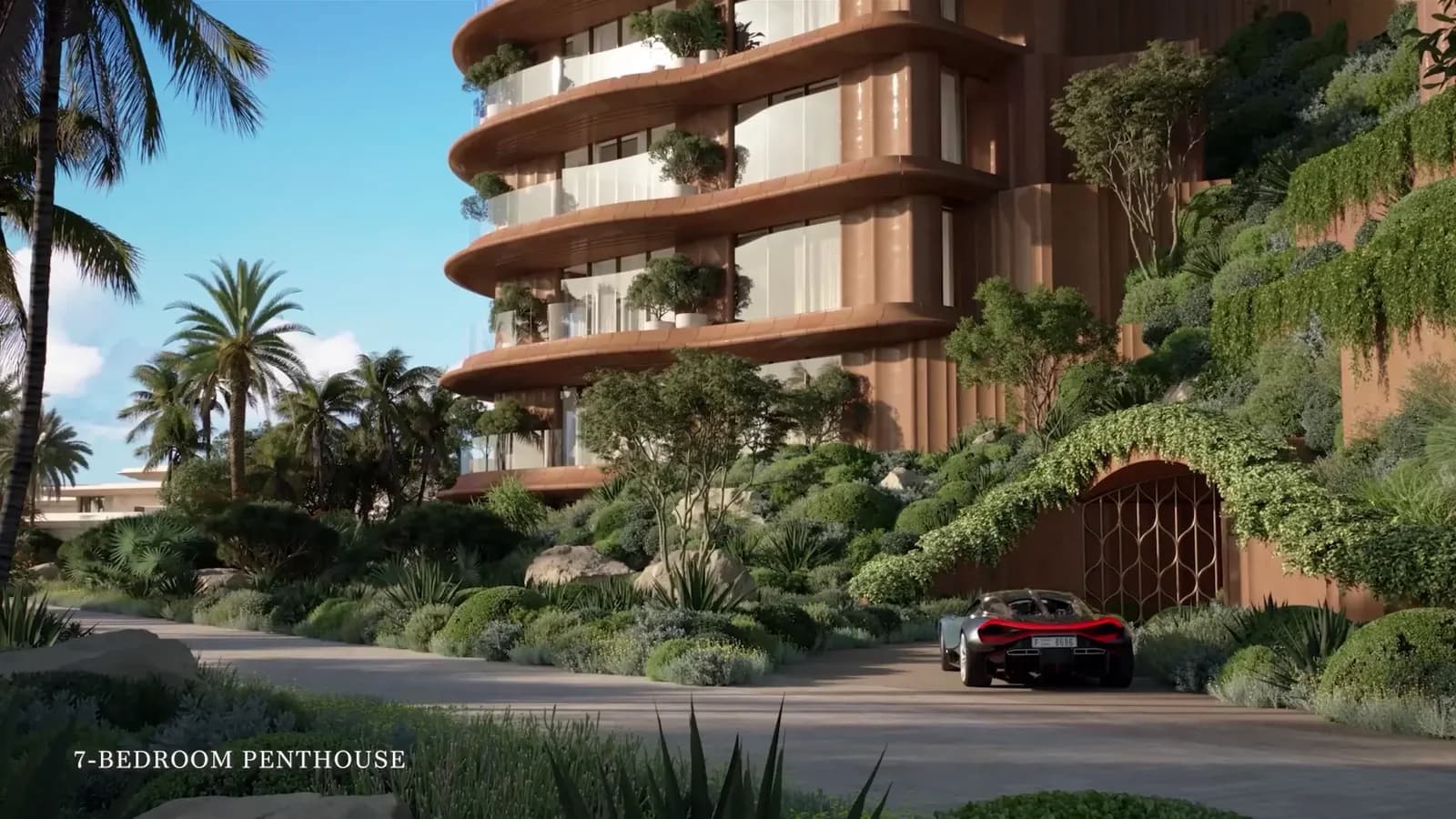Jumeirah Asora Bay developer rendering: seven-bedroom penthouse exterior with planted terraces