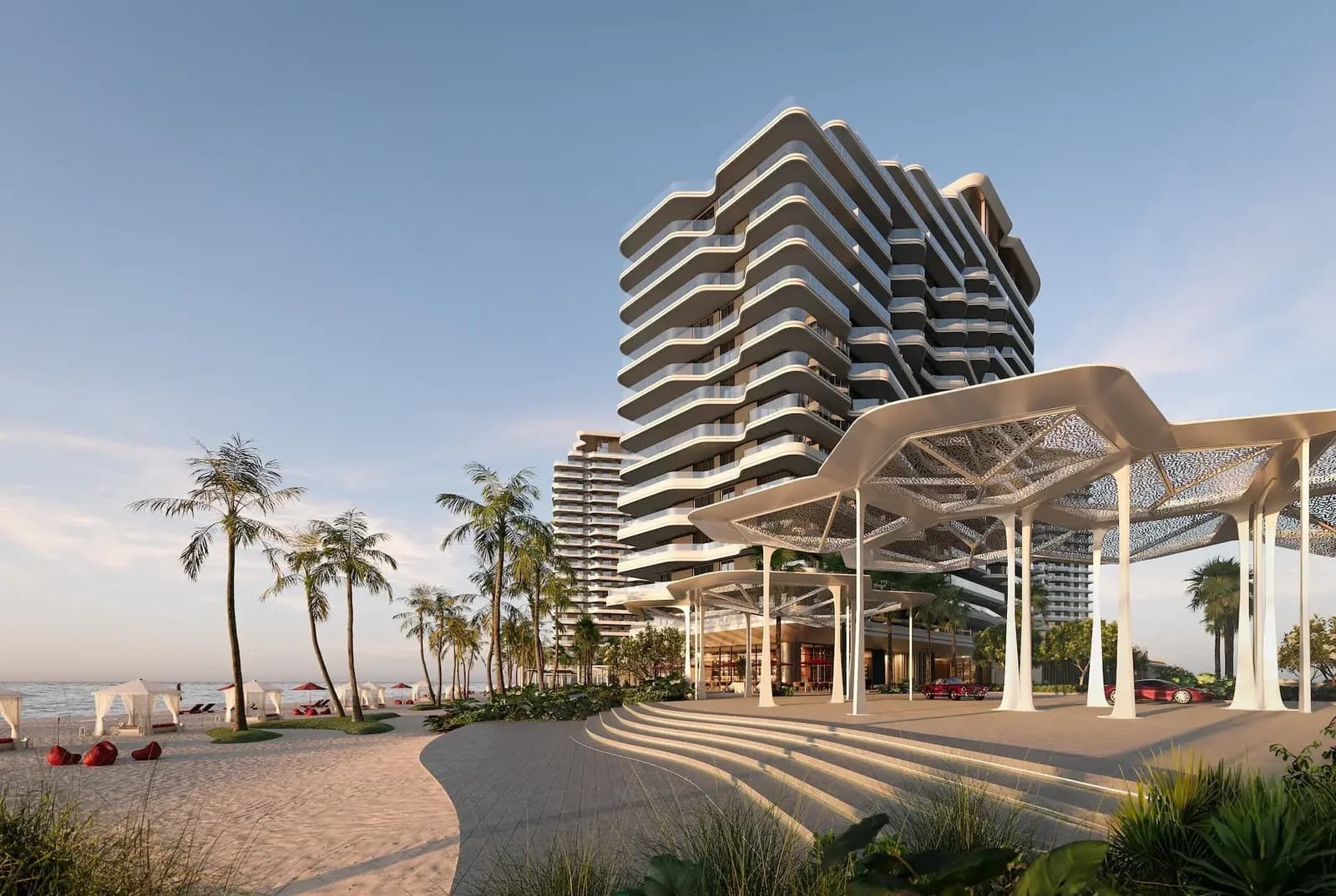Rosso Bay Residences: beachfront building entrance and landscaped approach, developer rendering