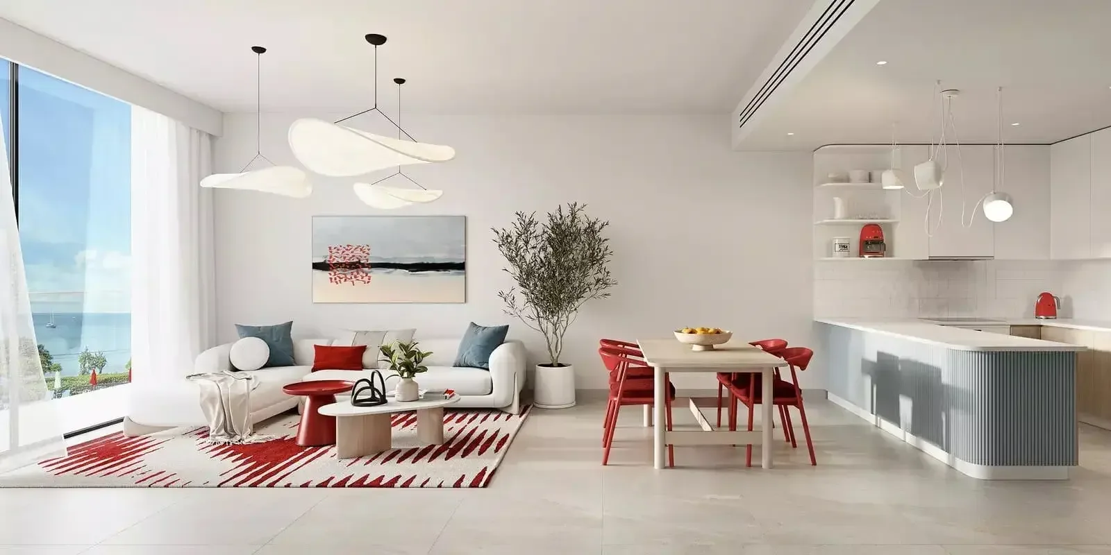 Rosso Bay Residences: open living and dining room, developer rendering