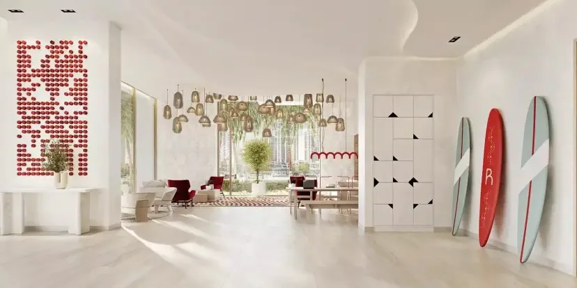 Rosso Bay Residences: indoor lounge with decorative surfboards and pendant lighting, developer rendering