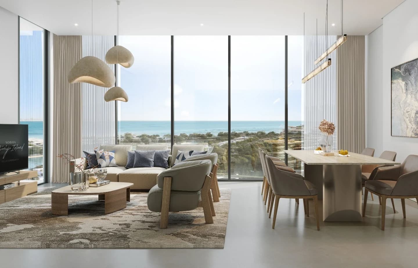 Delphine Beach Residences: Illustrative living and dining room (Developer rendering)