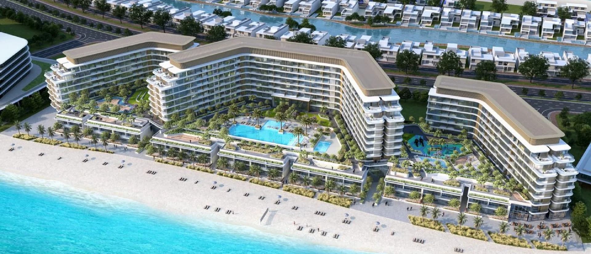 Selene Beach Residences: Aerial view of beachfront residences (Developer rendering)
