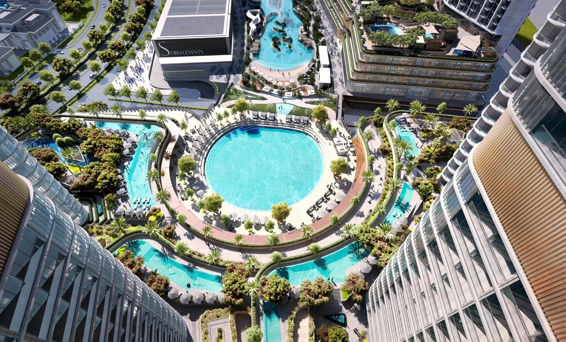 Skyvue Spectra: Aerial view of shared pool terraces (Developer rendering)