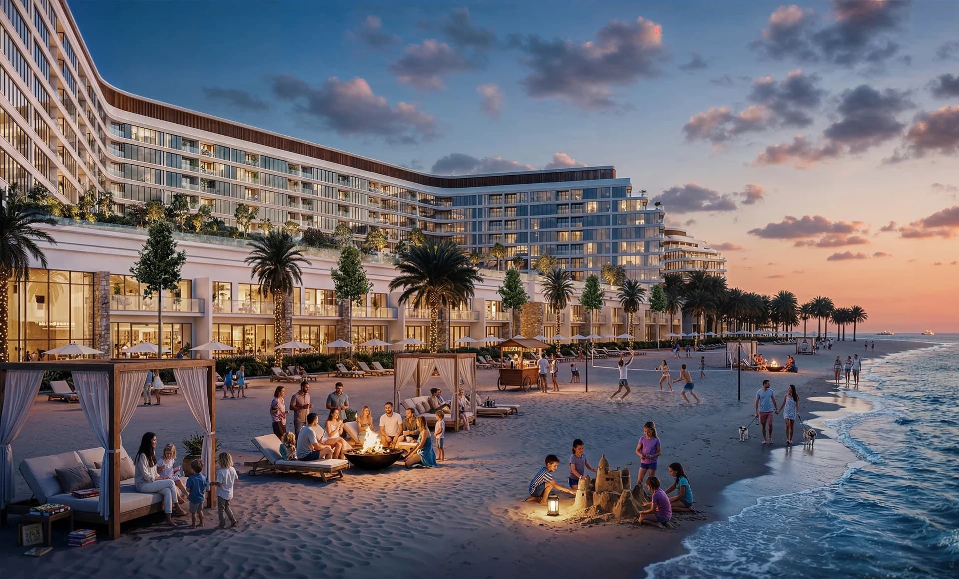 Tranquil Beach Residences: Shoreline dining at sunset (Developer rendering)