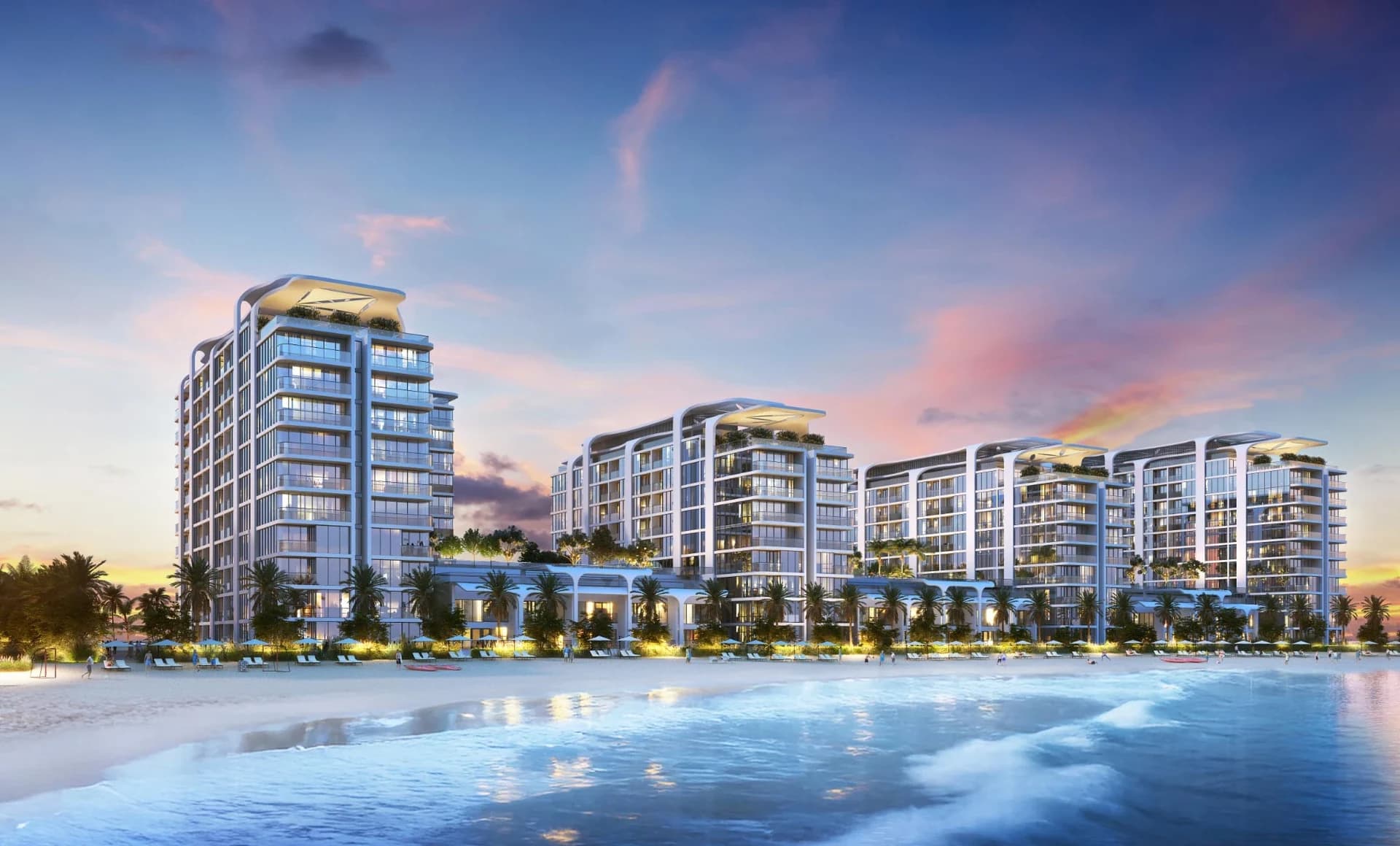 Tranquil Beach Residences: Lagoon-facing buildings at dusk (Developer rendering)