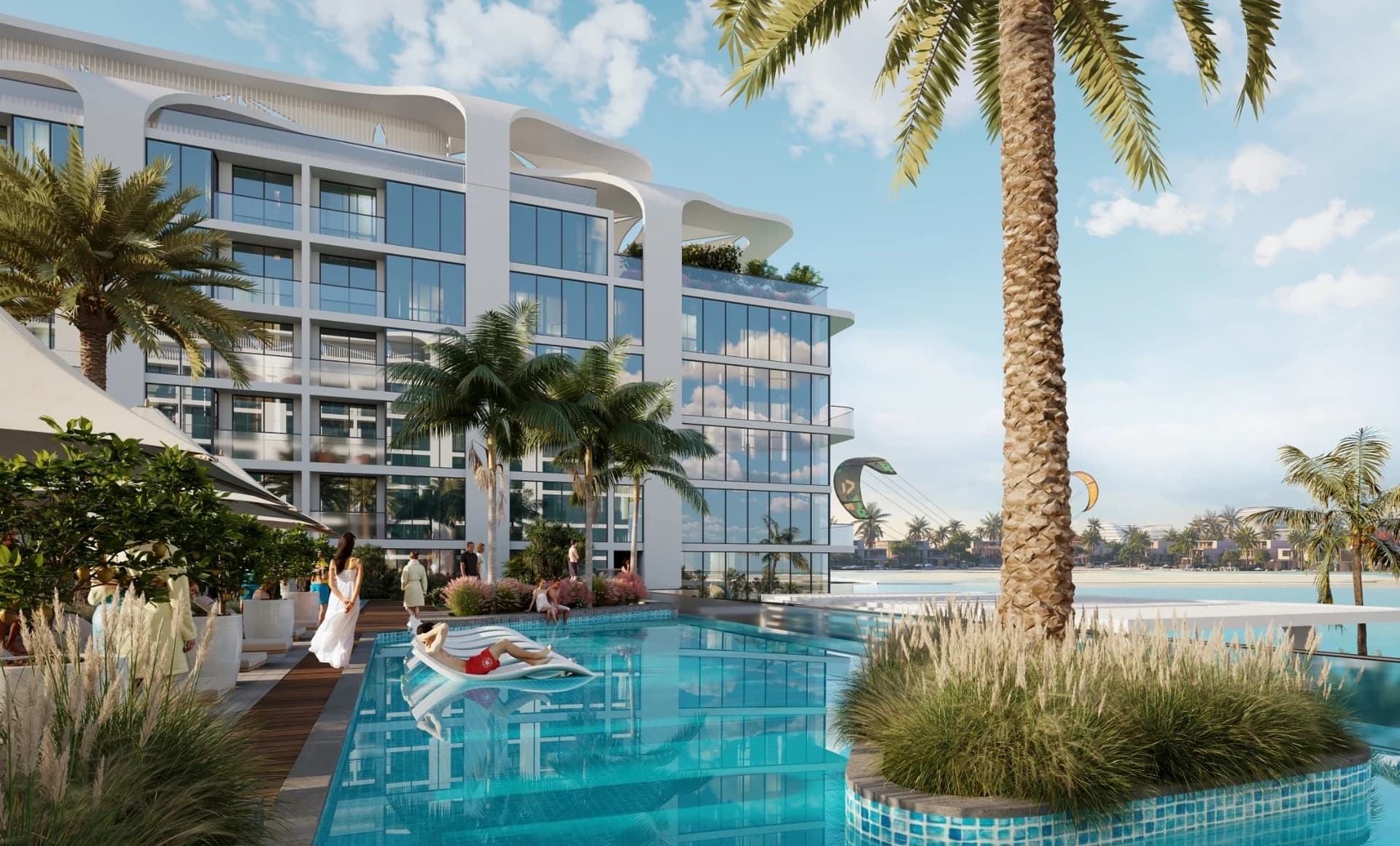 Florine Beach Residences: Swimming pool and surrounding terraces (Developer rendering)