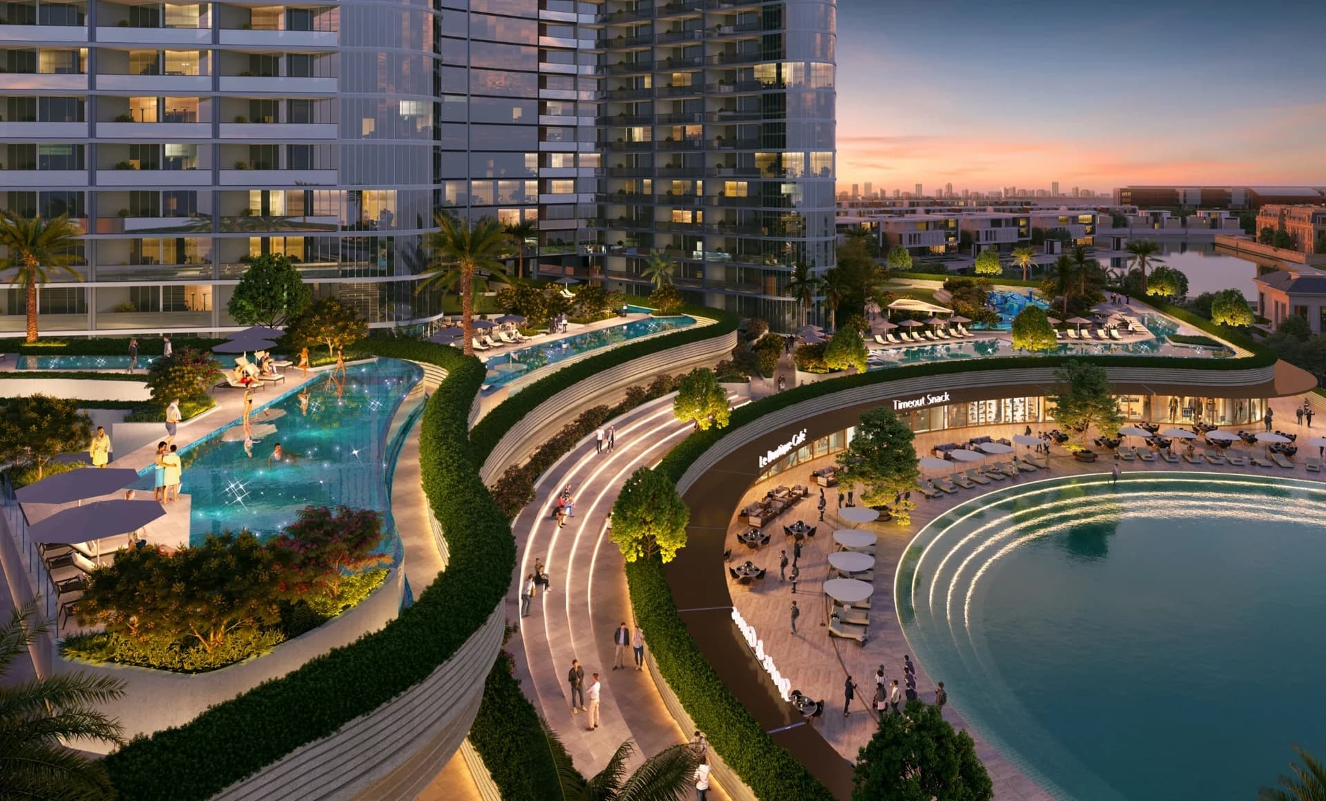 Skyvue Altier: Shared pool terraces at dusk (Developer rendering)