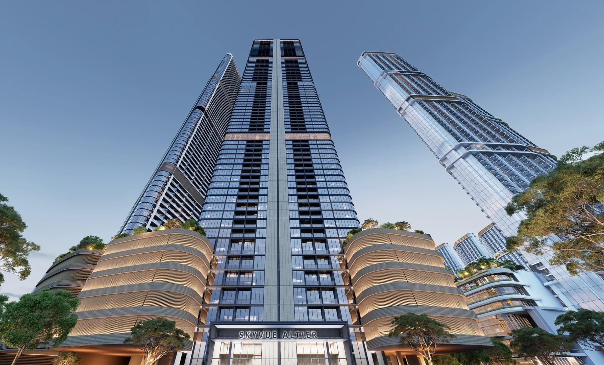 Skyvue Altier: Tower facade viewed from below (Developer rendering)