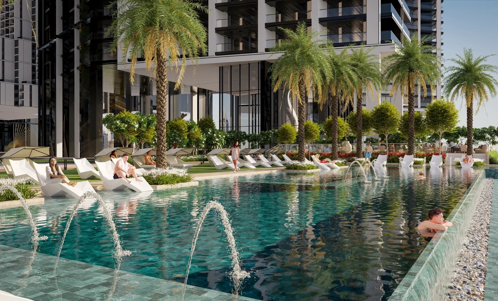 The Horizon at Sobha Central: Swimming pool and surrounding terraces (Developer rendering)