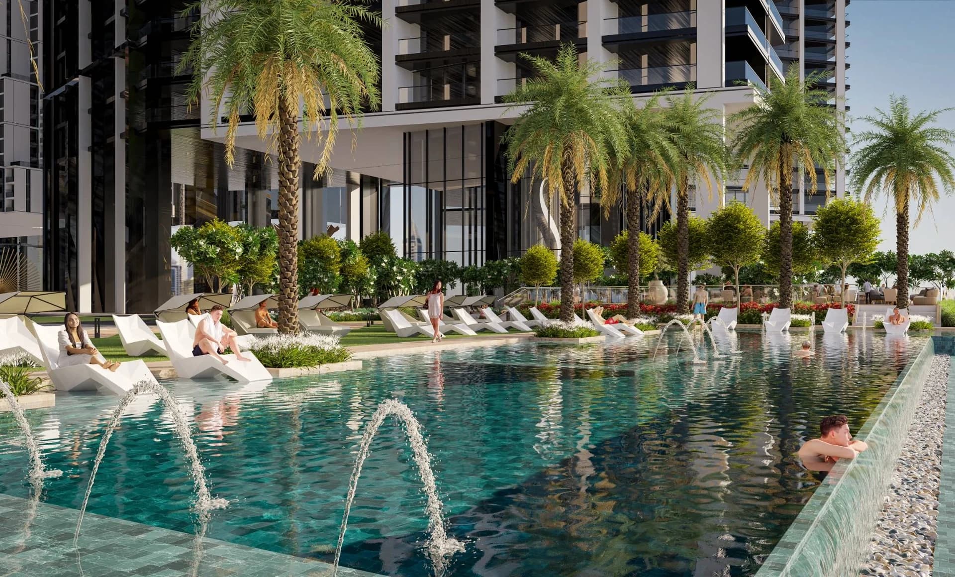 The Pinnacle at Sobha Central: Swimming pool and surrounding terraces (Developer rendering)