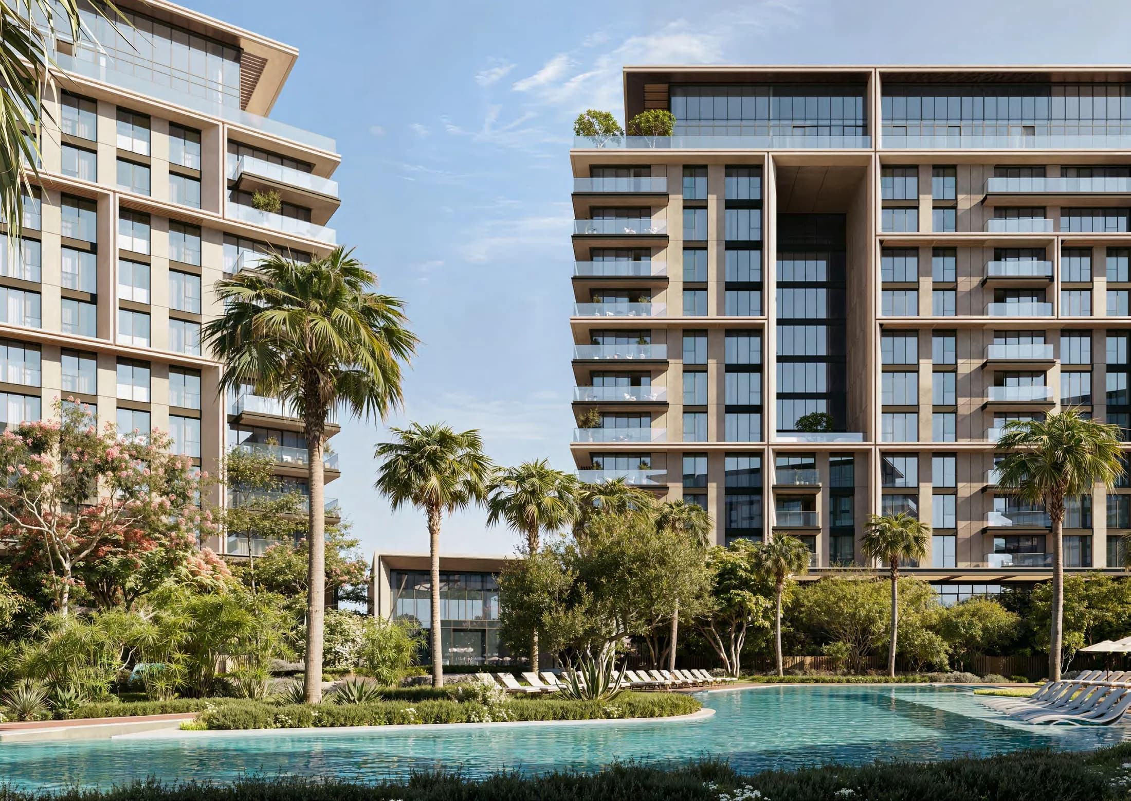 Crestlane 4 and 5 residential exterior and pool; official developer rendering