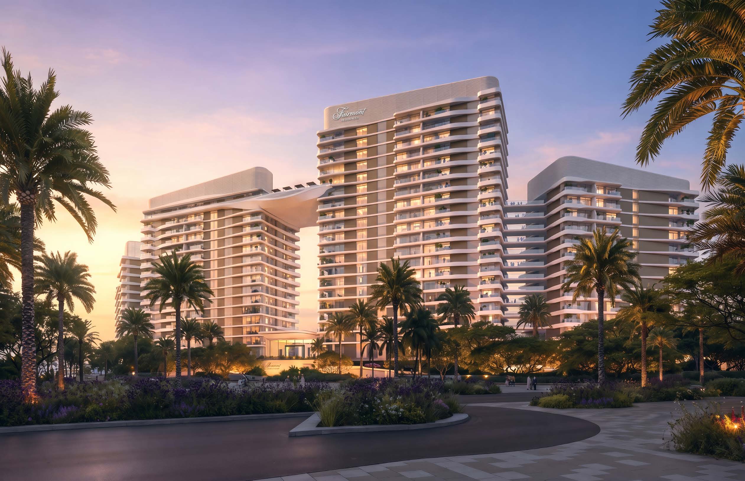 Fairmont Residences Al Marjan Island landscaped arrival at dusk; official Ardee rendering