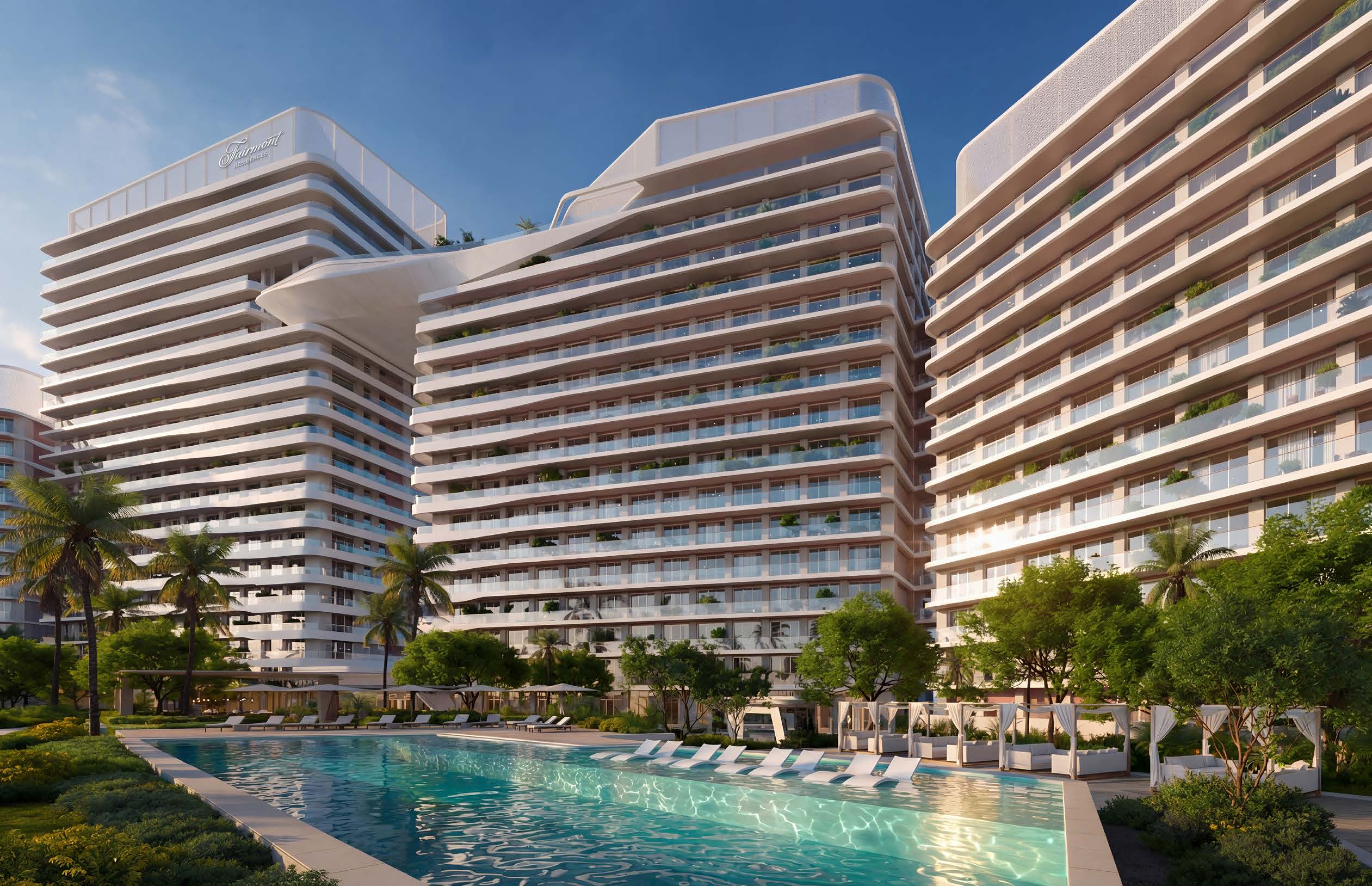Fairmont Residences Al Marjan Island towers and landscaped pool; official Ardee rendering