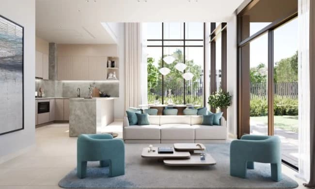 La Tilia at Villanova: living room and kitchen; official developer rendering