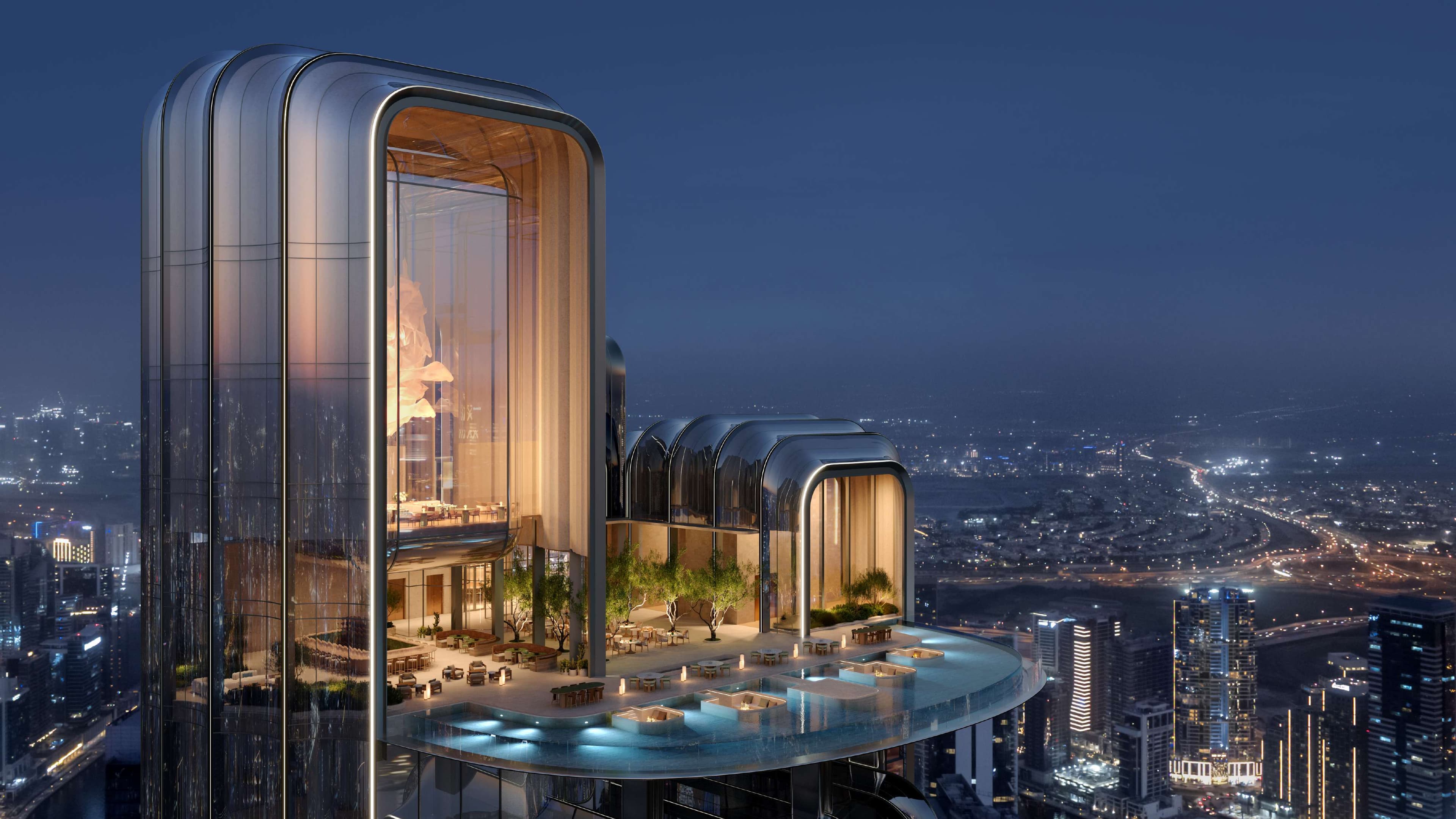 Lumena Alta rooftop terrace and pool at dusk; developer-branded rendering