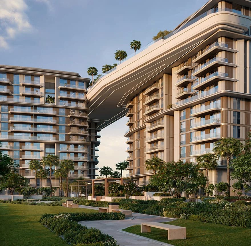 Nourelle at Madinat Jumeirah Living: Residential buildings linked by a landscaped skybridge; official developer rendering