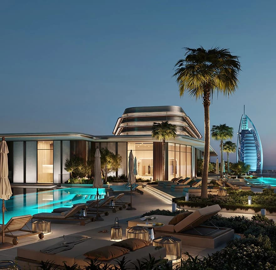 Nourelle at Madinat Jumeirah Living: Illuminated pool terrace with Burj Al Arab in the distance; official developer rendering