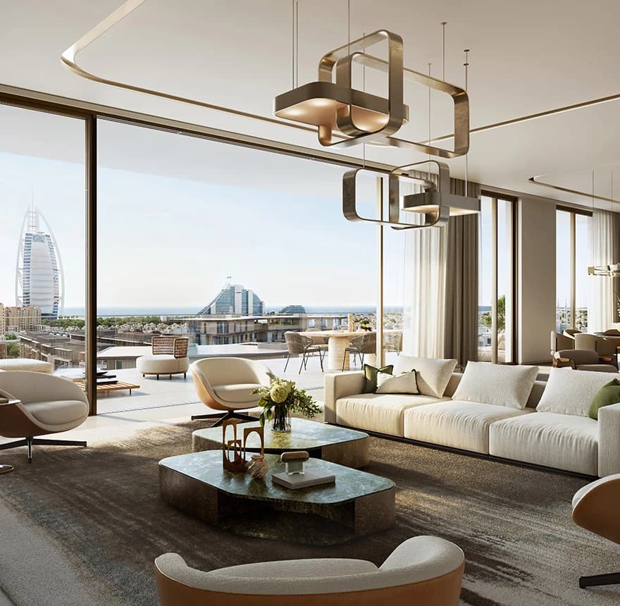 Nourelle at Madinat Jumeirah Living: Living room and terrace with views towards Burj Al Arab; official developer rendering