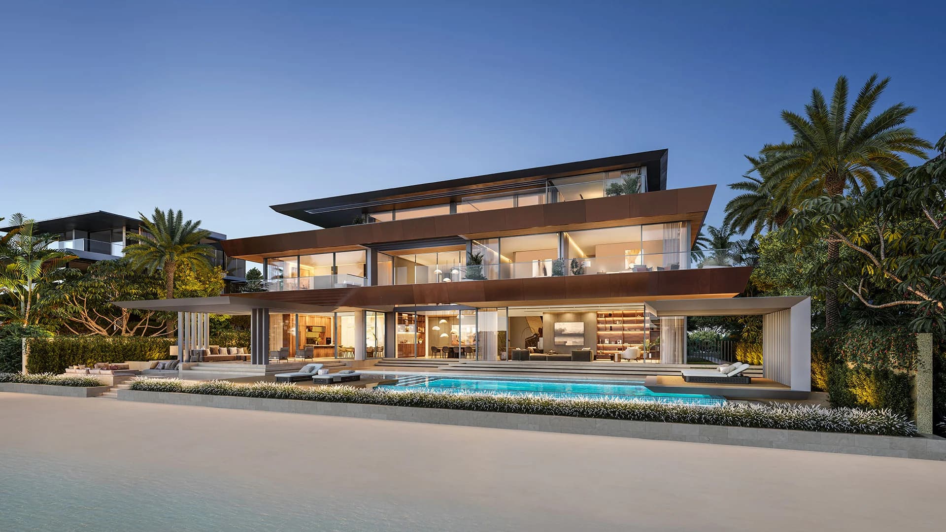 Palm Jebel Ali villa exterior at dusk; official developer rendering