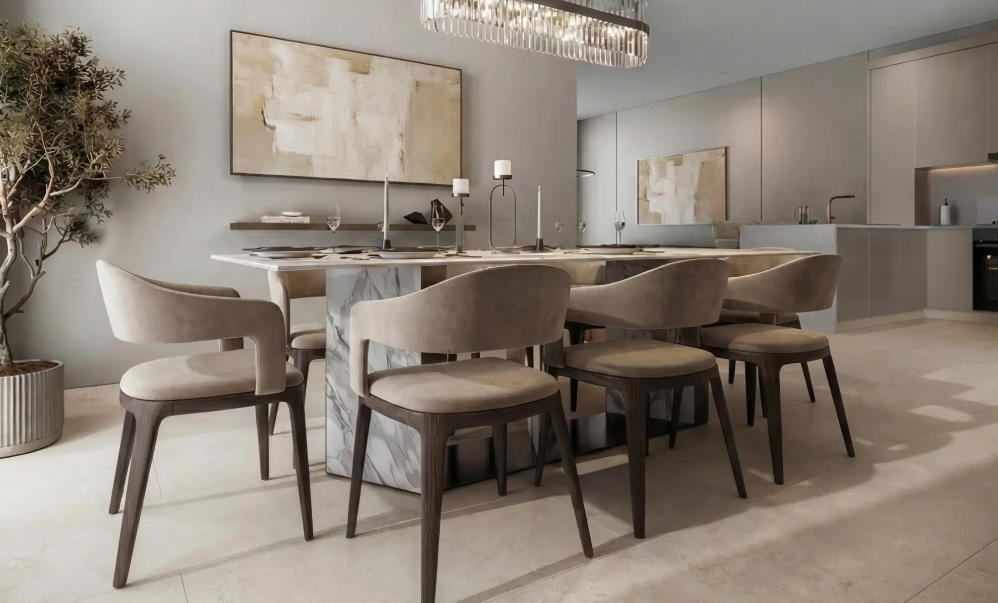 The Terraces at Sobha City: Illustrative dining room and kitchen; official developer rendering