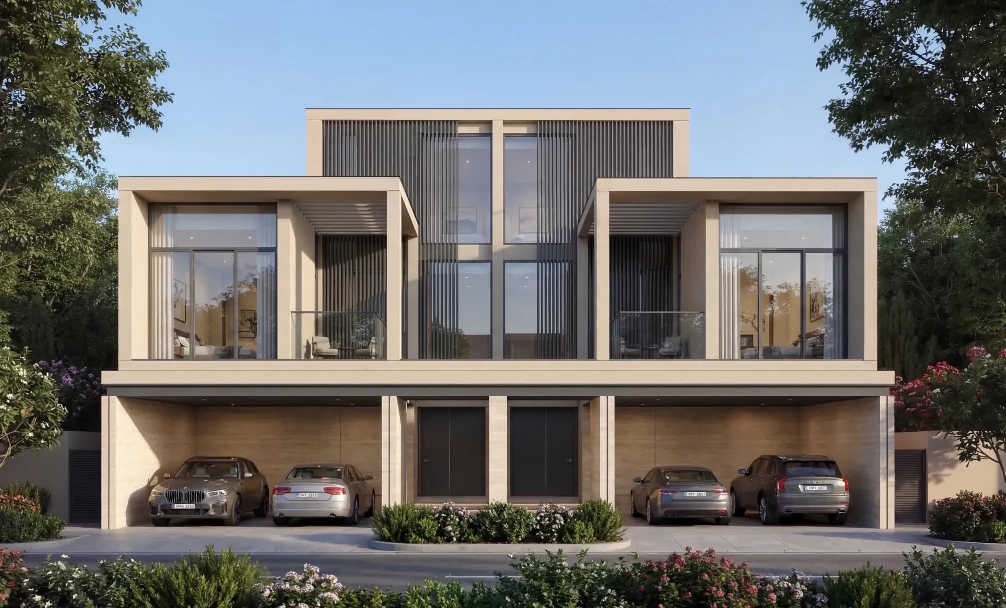 The Terraces at Sobha City: Villa frontage with covered parking; official developer rendering