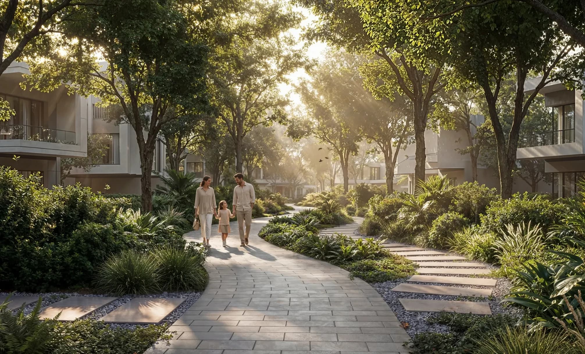 The Greens at Sobha Sanctuary: Shared community tree-lined walking path between villas; official developer rendering