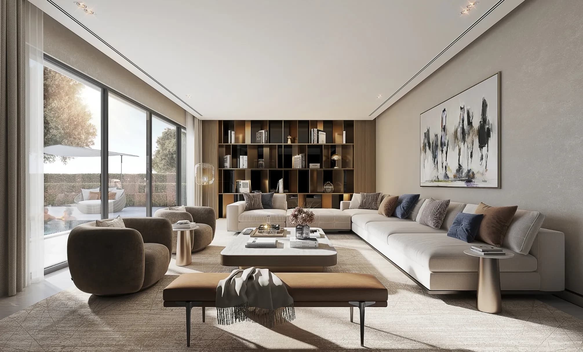 The Grove at Sobha Sanctuary: Illustrative villa living room with large windows and garden outlook; official developer rendering