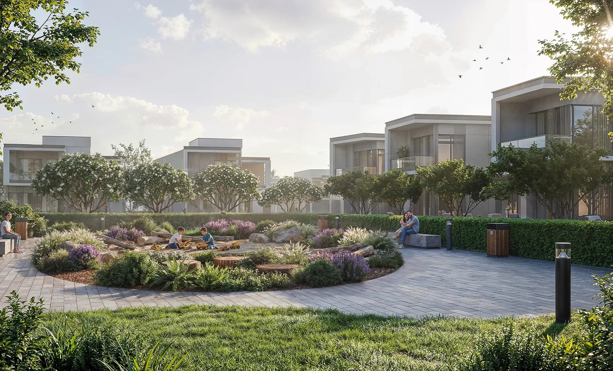 The Willows at Sobha Sanctuary: Shared community play garden with paths and seating; official developer rendering