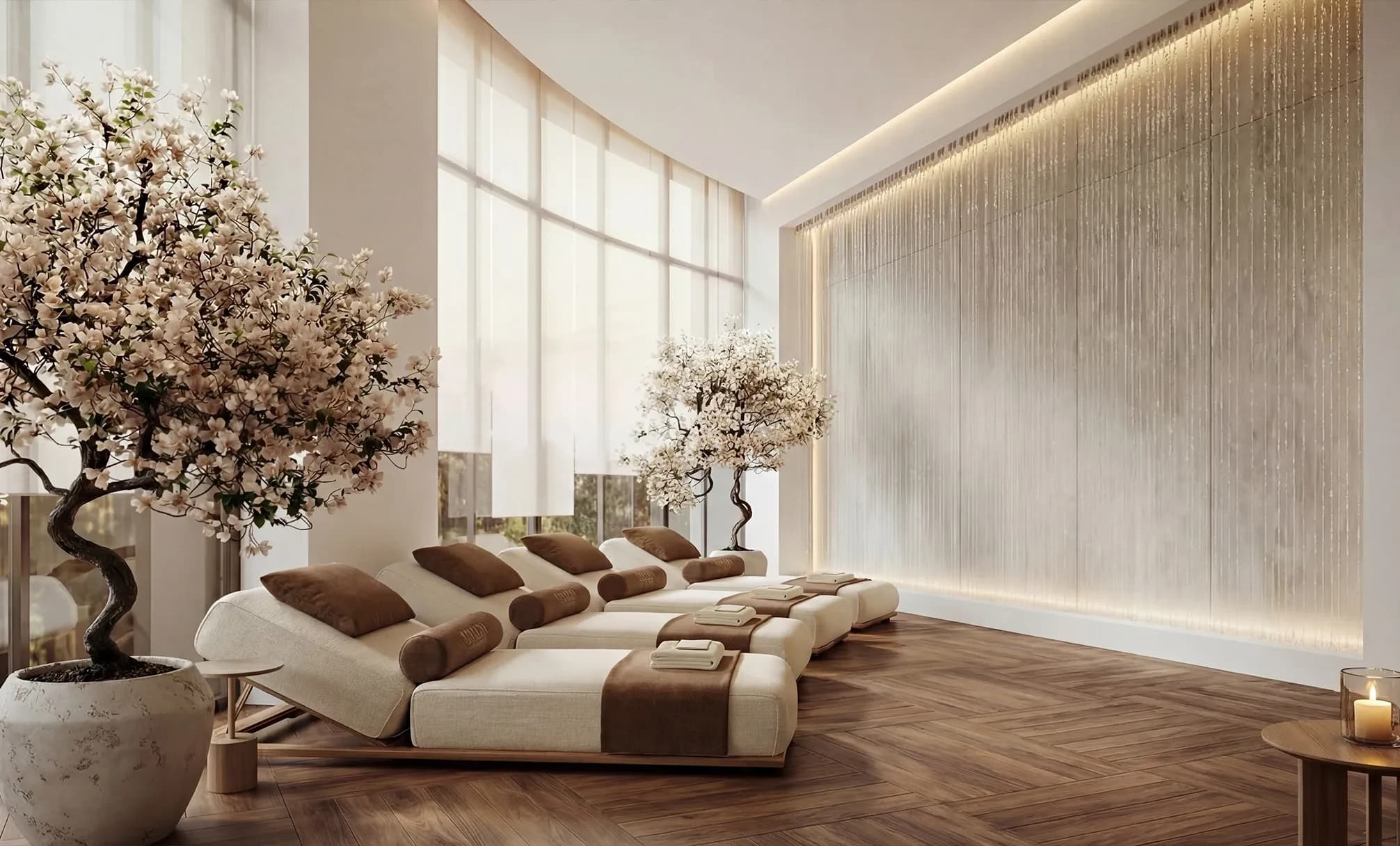 The Willows at Sobha Sanctuary: Shared community spa lounge with recliners and flowering trees; official developer rendering