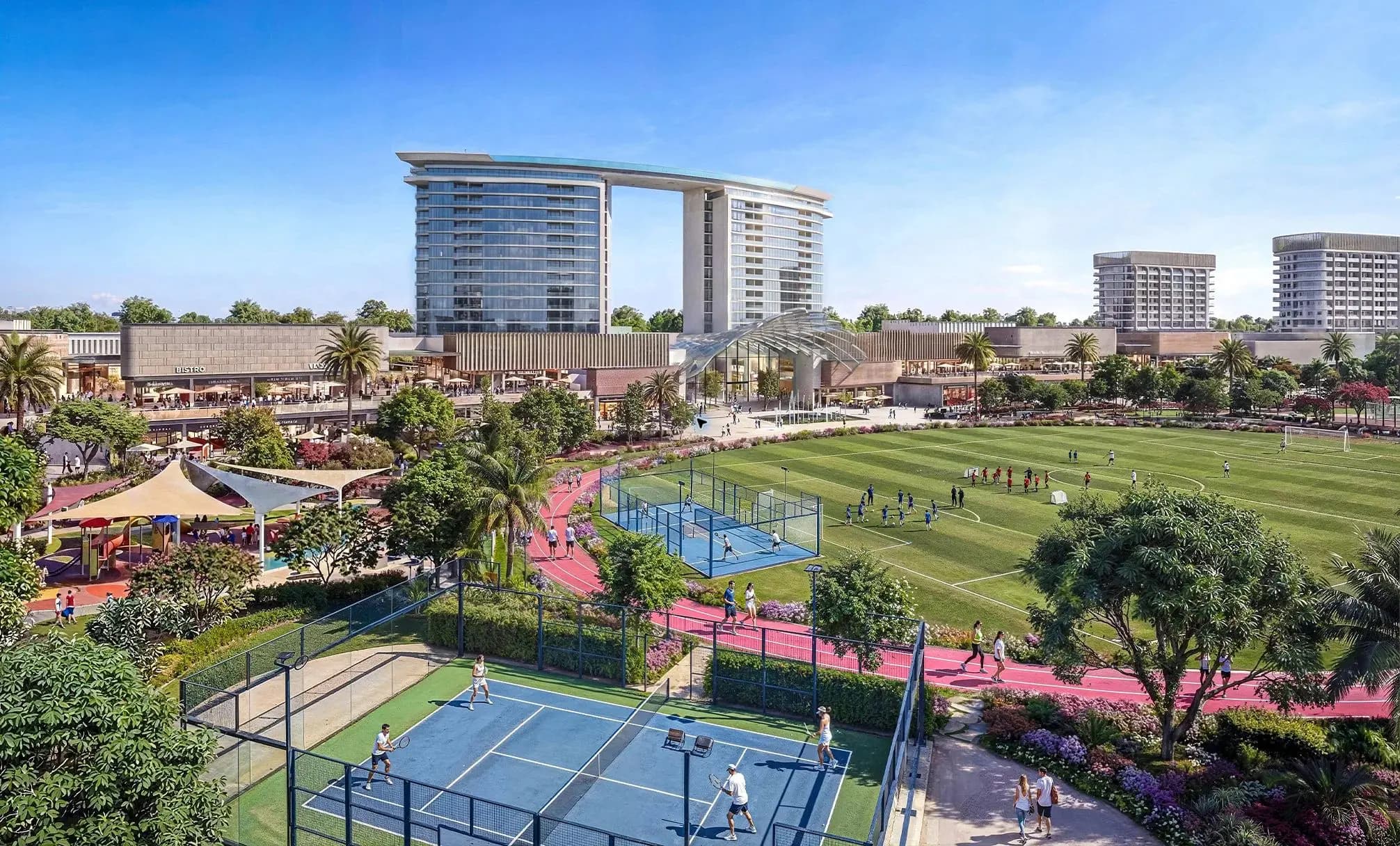The Willows at Sobha Sanctuary: Shared community sports courts, running track and retail hub; official developer rendering