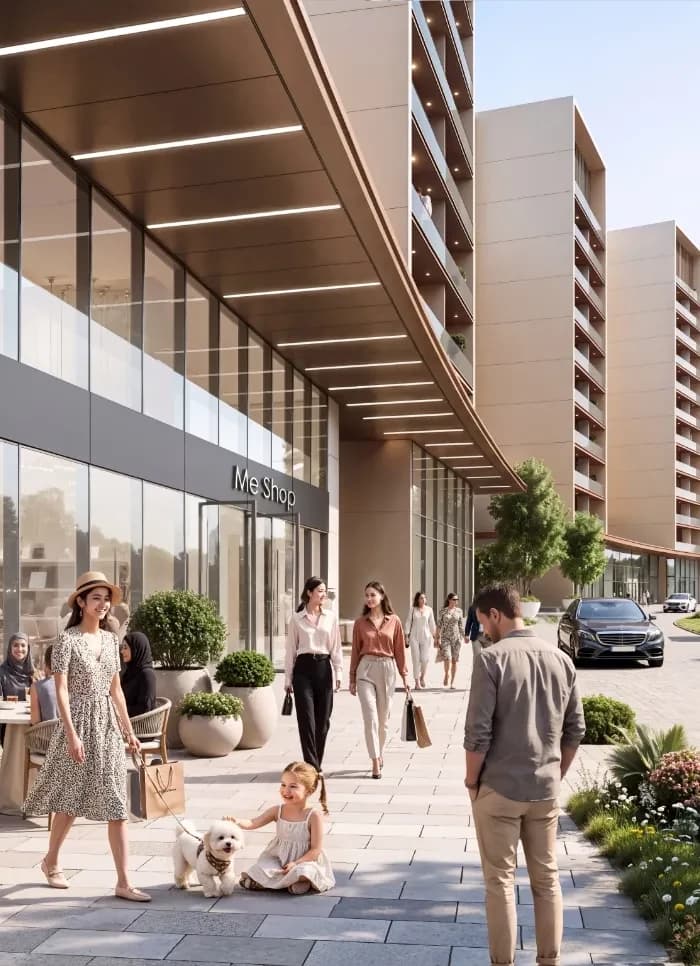 אזור כניסה מקורה לצד בניין הדירות; הדמיית היזם