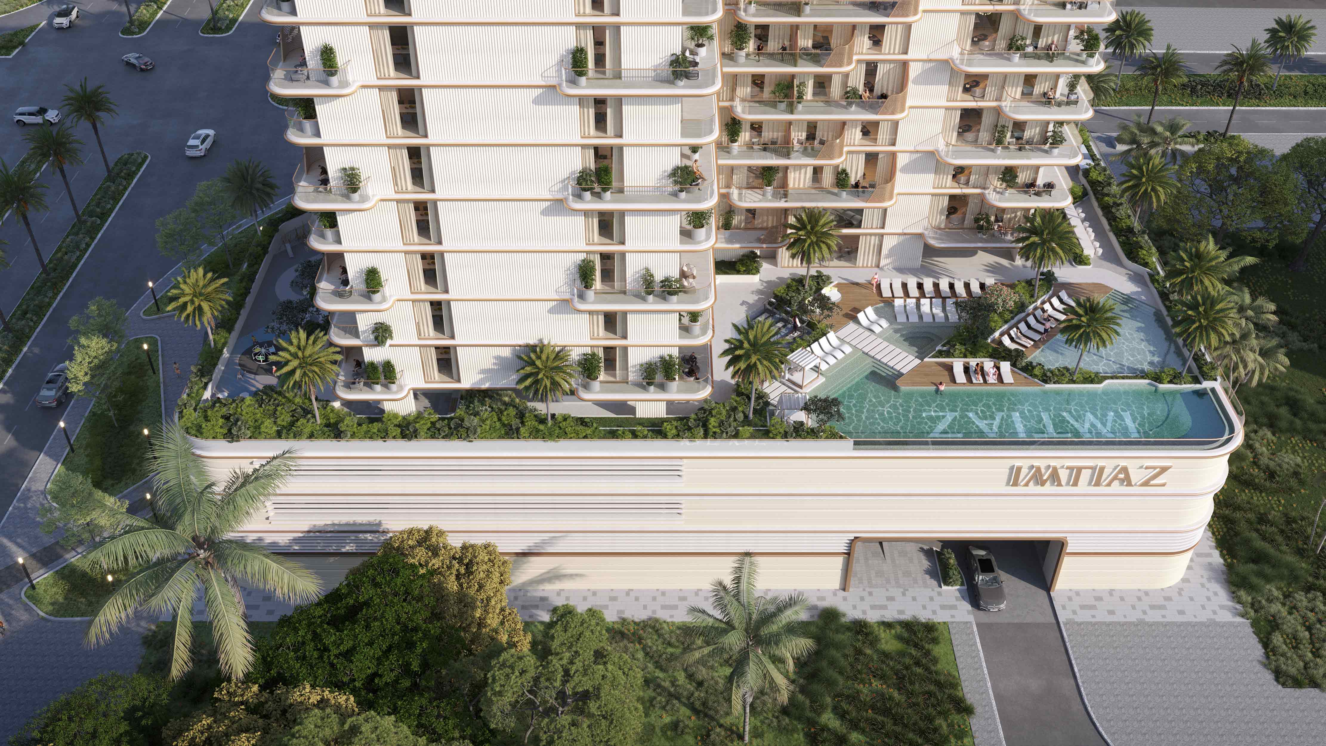 Sunset Bay Grand building, entrance and pool terrace; official Imtiaz rendering