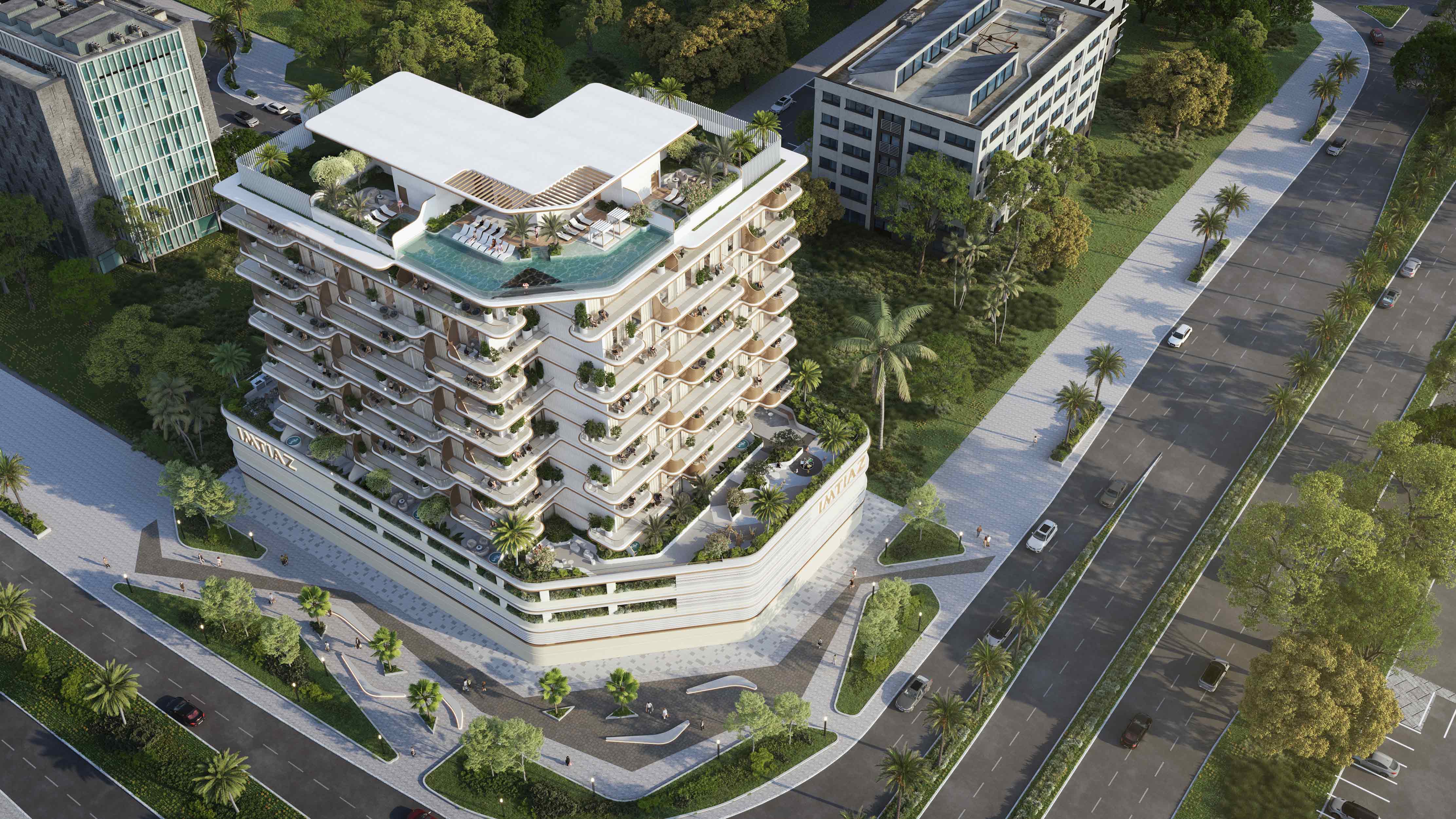 Sunset Bay Grand aerial view with rooftop pool and landscaped surroundings; official Imtiaz rendering