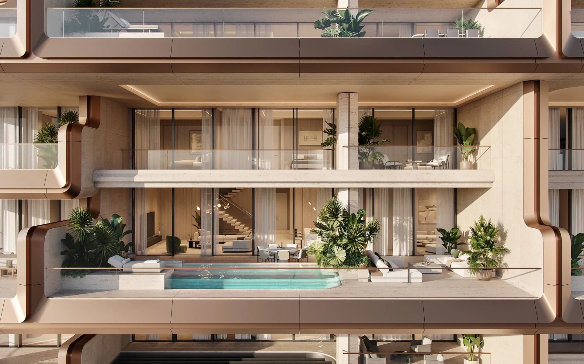 The Alba Residences: residence terraces and private pool; official developer rendering