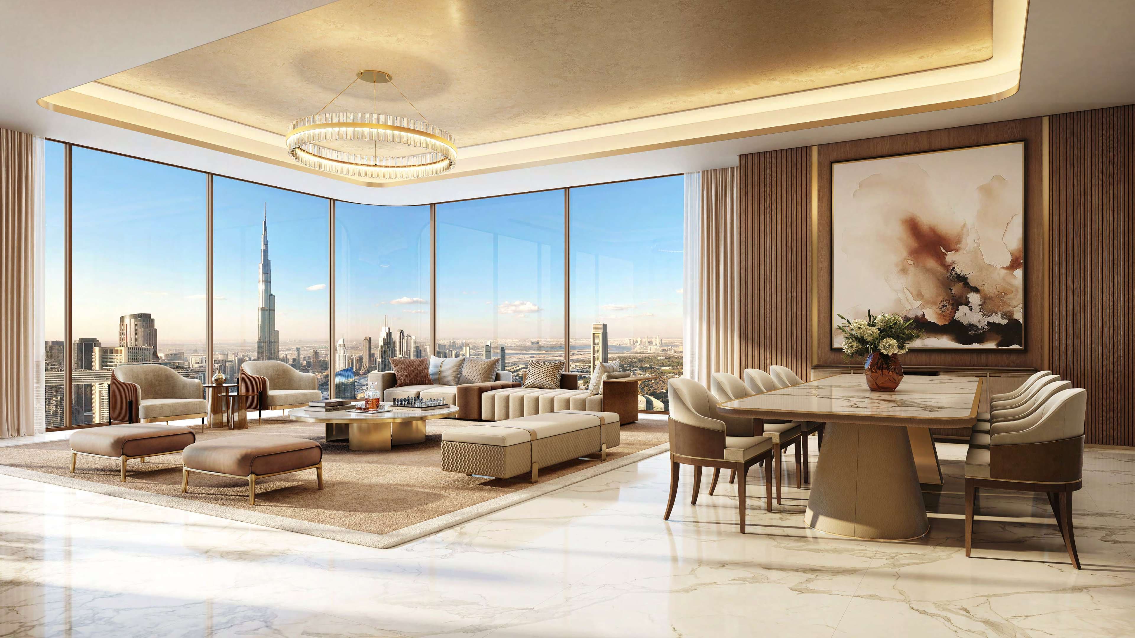 Trump Residences living and dining room with Burj Khalifa view; official Dar Global rendering